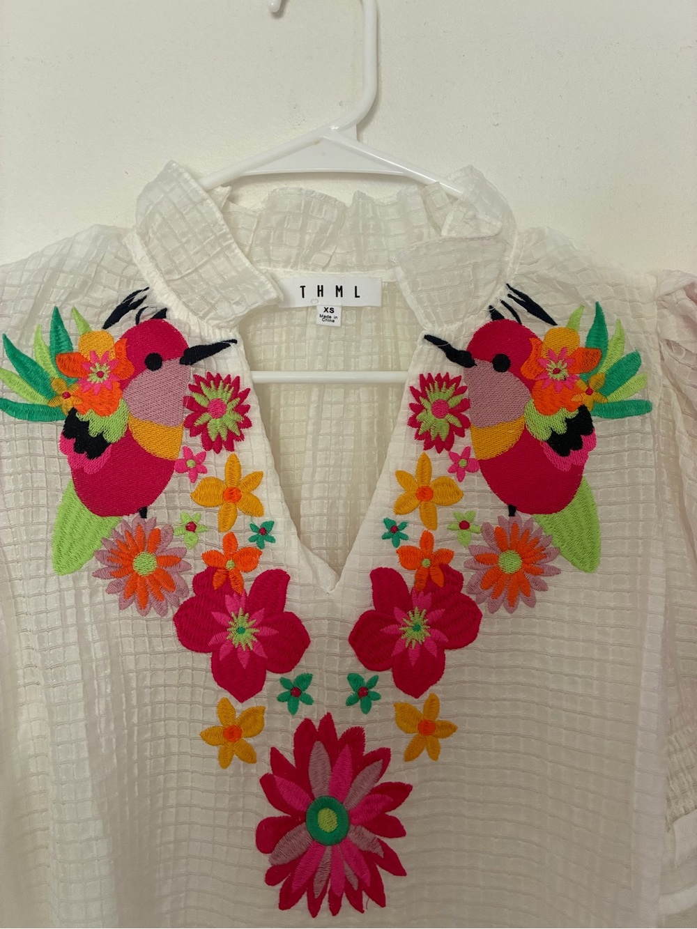 THML White V-Neck Blouse with Pink & Orange Floral Embroidery - Picture 2 of 7